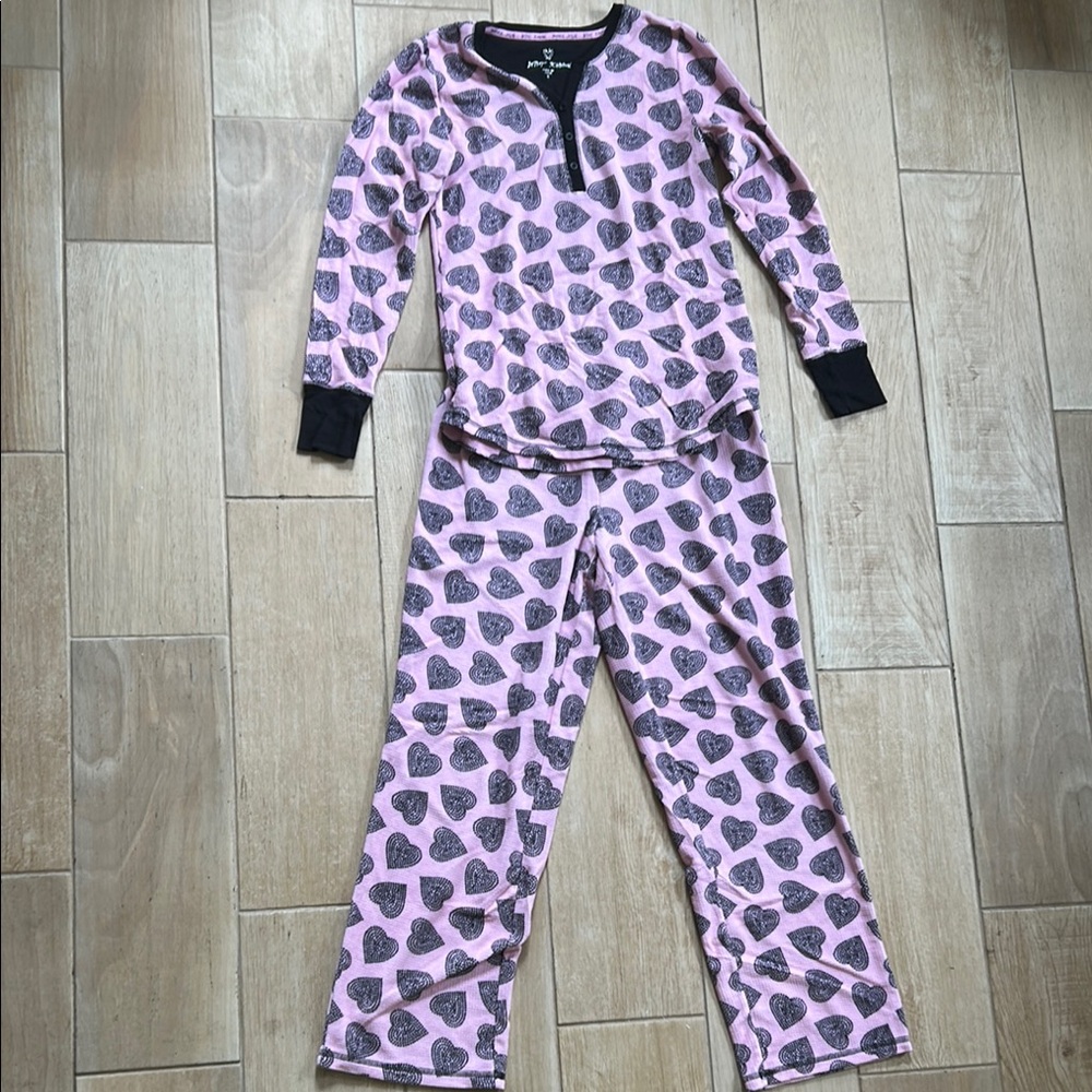 Betsey Johnson Pink and Black Pajama Set with Heart Pattern